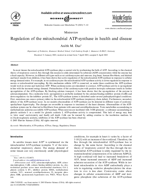 (PDF) Regulation of the mitochondrial ATP-synthase in health and disease