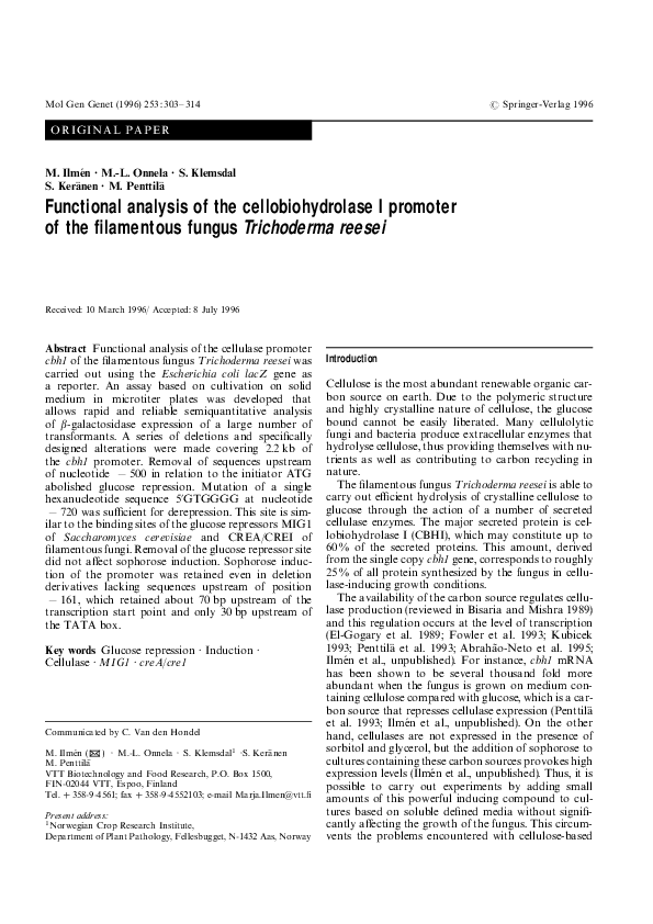(PDF) Functional analysis of the cellobiohydrolase I promoter of the ...