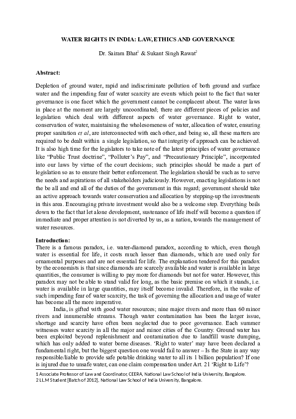 (PDF) Water Rights in India: Law, Ethics and Governance