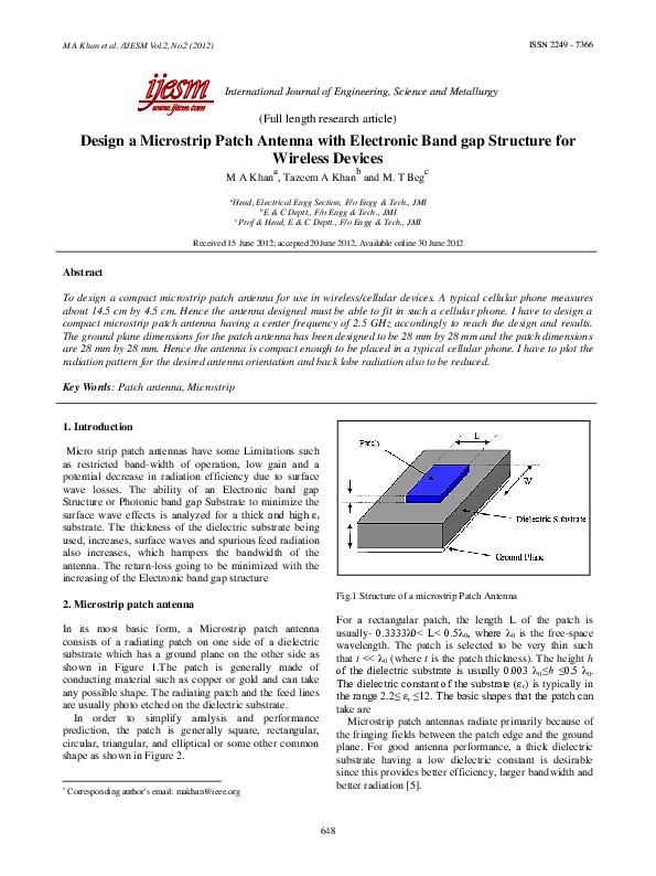 (PDF) Design a Microstrip Patch Antenna with Electronic Band gap ...