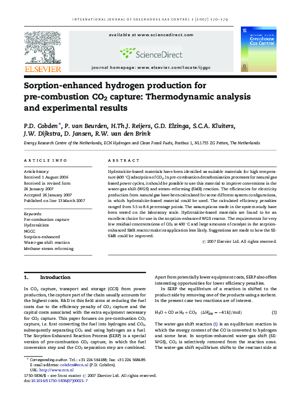 (PDF) Sorption-enhanced hydrogen production for pre-combustion CO2 ...
