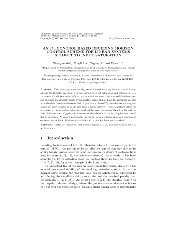 (PDF) An H control based receding horizon control scheme for linear ...