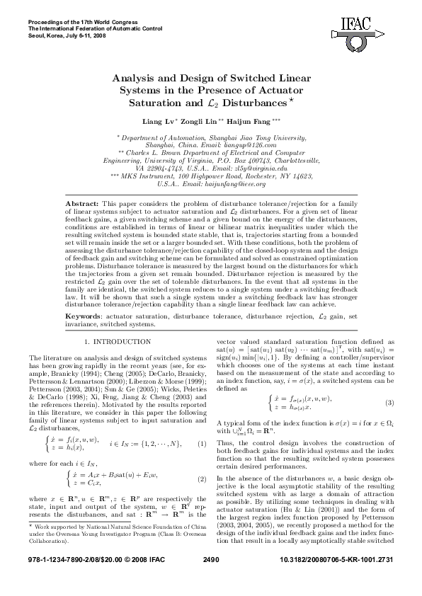 (PDF) Analysis and Design of Switched Linear Systems in the Presence of ...