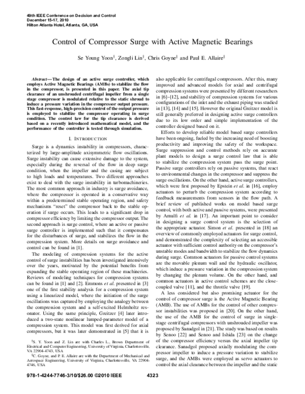 (PDF) Control of compressor surge with Active Magnetic Bearings