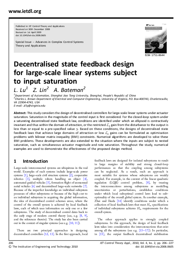 (PDF) Decentralised state feedback design for large-scale linear ...