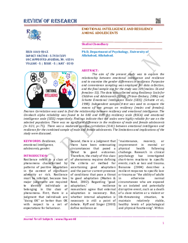 (PDF) Emotional Intelligence and Resiliency Among Adolescents