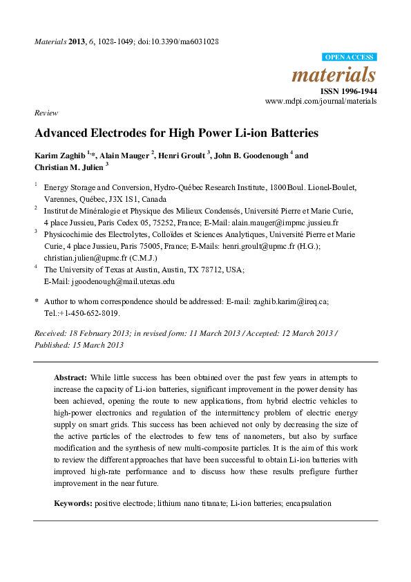 (PDF) Advanced Electrodes for High Power Li-ion Batteries