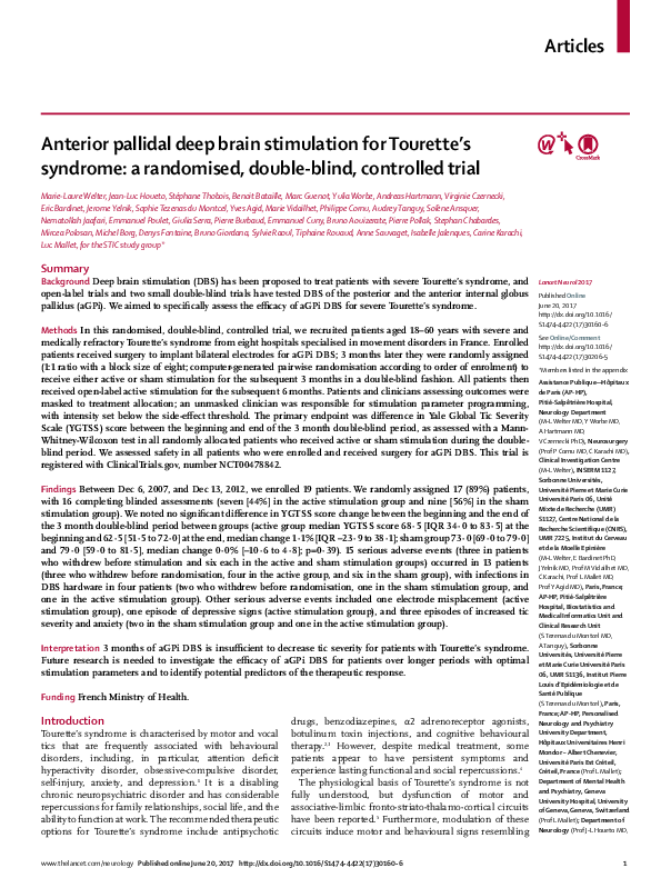 (PDF) Anterior pallidal deep brain stimulation for Tourette's syndrome ...