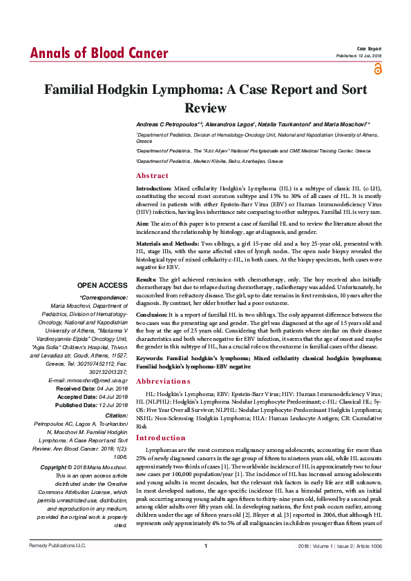 (PDF) Familial Hodgkin Lymphoma: A Case Report and Sort Review