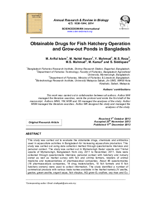 (PDF) Obtainable Drugs for Fish Hatchery Operation and Growout Ponds