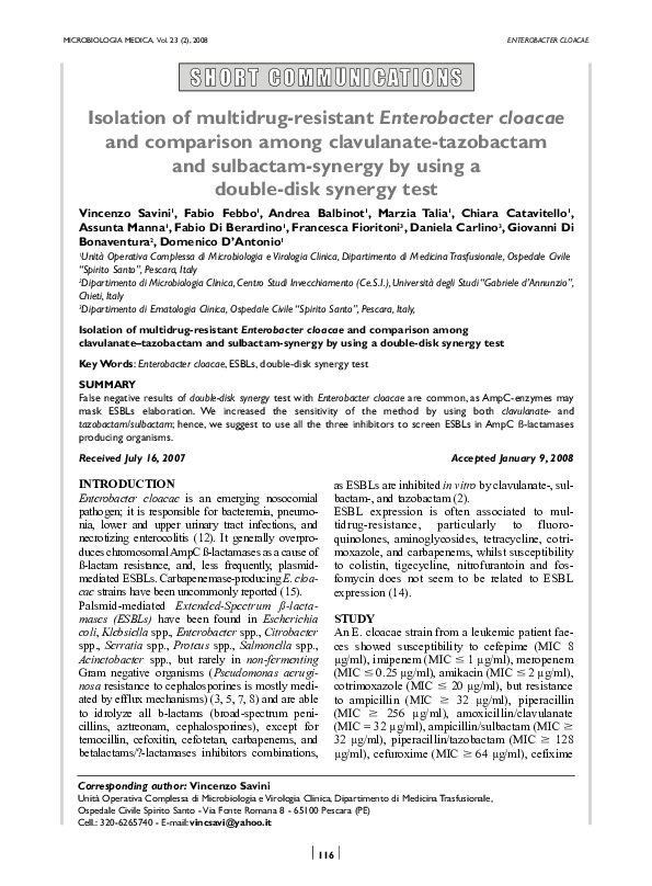 (PDF) Isolation of multidrugresistant Enterobacter cloacae and