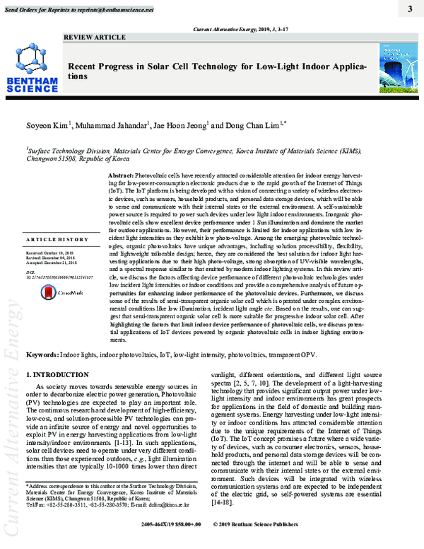 (PDF) Recent Progress in Solar Cell Technology for Low-Light Indoor ...