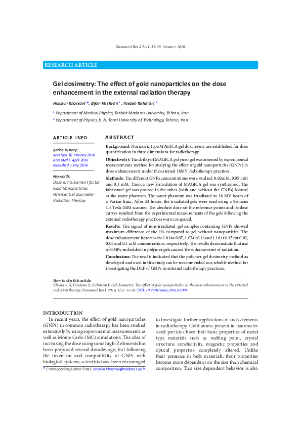 (PDF) Gel dosimetry: The effect of gold nanoparticles on the dose ...