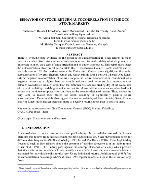 (PDF) Behaviour of Stock Return Autocorrelation in the GCC Stock Markets