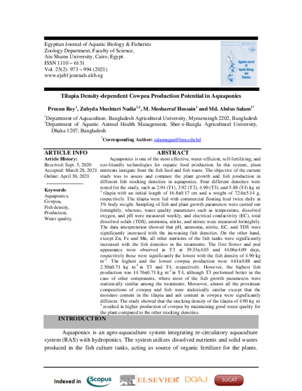 (PDF) Tilapia Densitydependent Cowpea Production Potential in Aquaponics Prosun Roy
