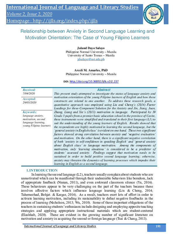 (PDF) Relationship between Anxiety in Second Language Learning and ...