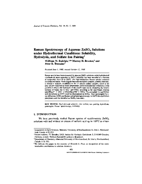 (PDF) Raman Spectroscopy of Aqueous ZnSO 4 Solutions under Hydrothermal ...