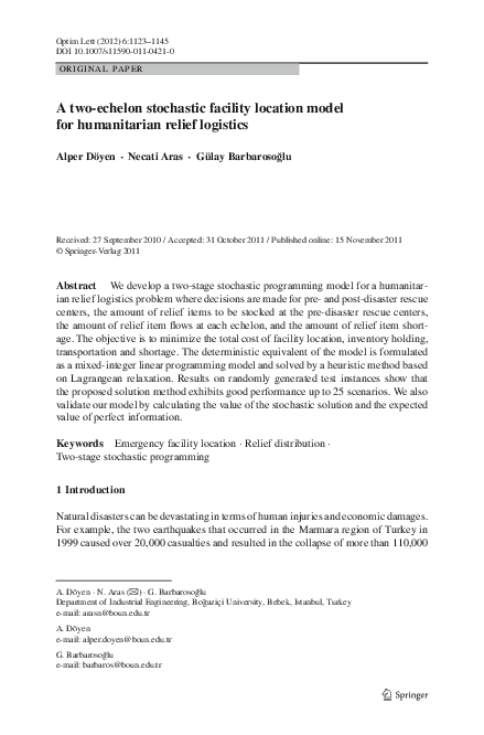 (PDF) A two-echelon stochastic facility location model for humanitarian ...