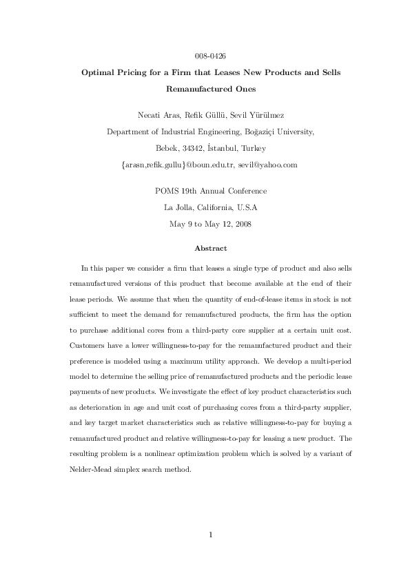 (PDF) Optimal Pricing for a Firm that Leases New Products and Sells ...