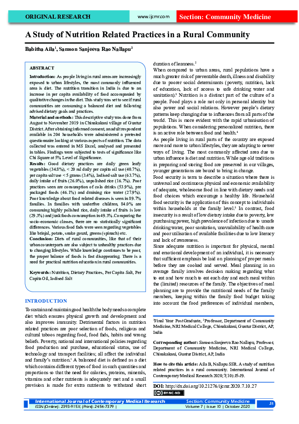 (PDF) A Study of Nutrition Related Practices in a Rural Community