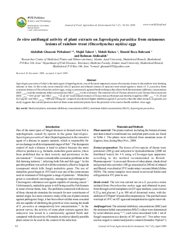 (PDF) In vitro antifungal activity of plant extracts on Saprolegnia ...