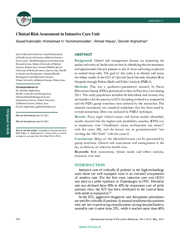 (PDF) Clinical Risk Assessment in Intensive Care Unit
