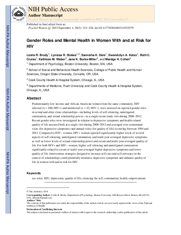 (PDF) Gender Roles and Mental Health in Women With and at Risk for HIV