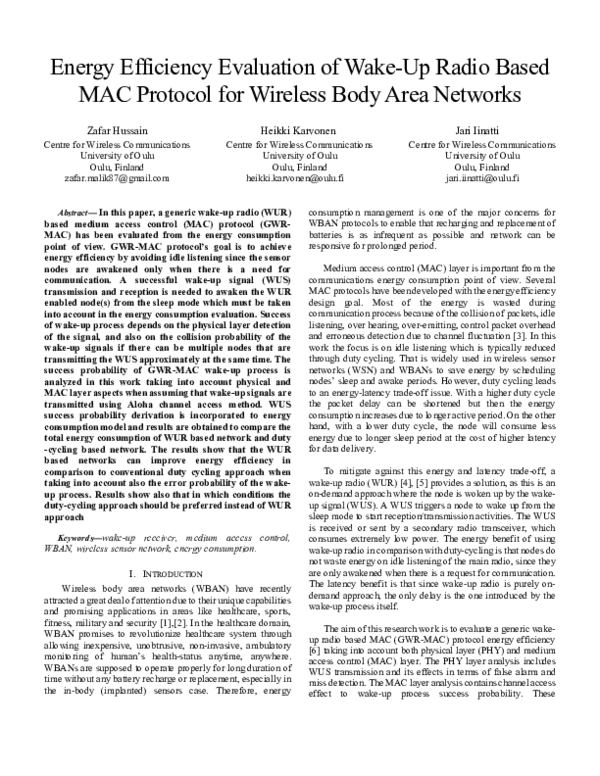 (PDF) Energy efficiency evaluation of wake-up radio based MAC protocol ...