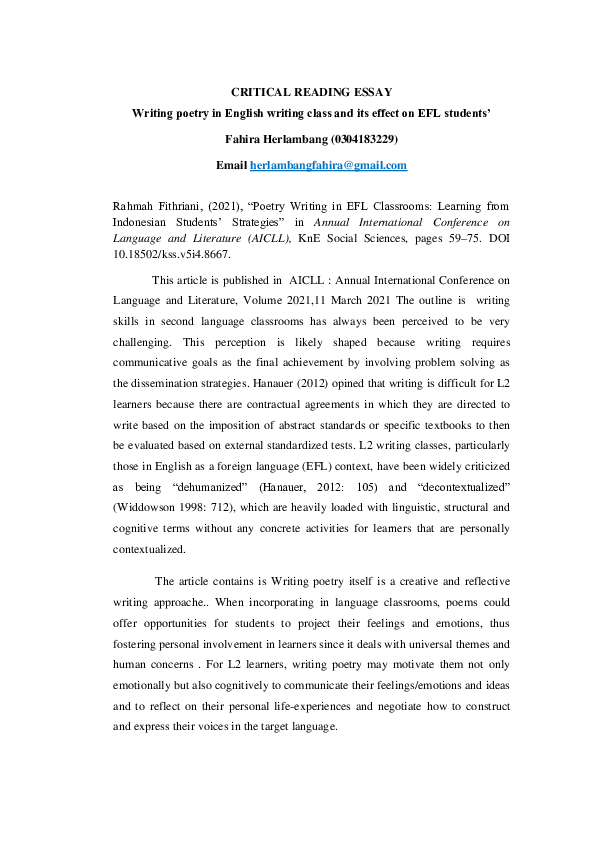 (PDF) CRITICAL READING ESSAY Writing poetry in English writing class ...
