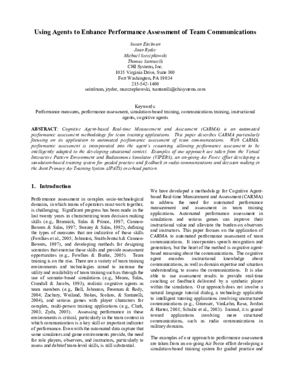 (PDF) Using Agents to Enhance Performance Assessment of Team Communications