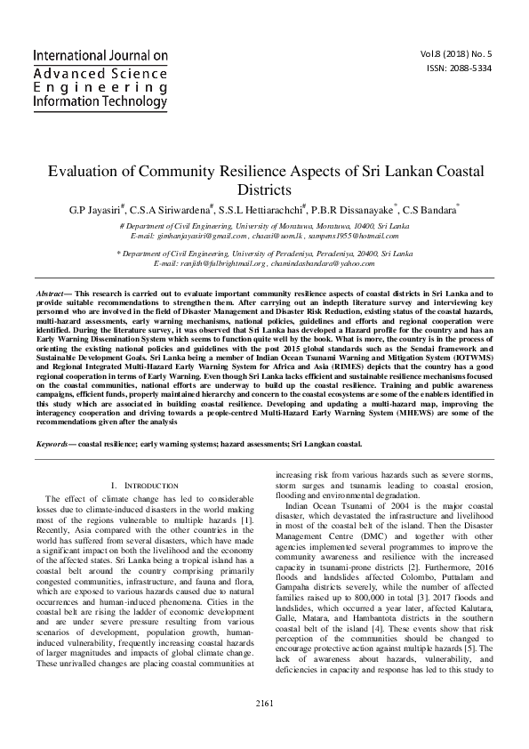 (PDF) Evaluation of Community Resilience Aspects of Sri Lankan Coastal ...