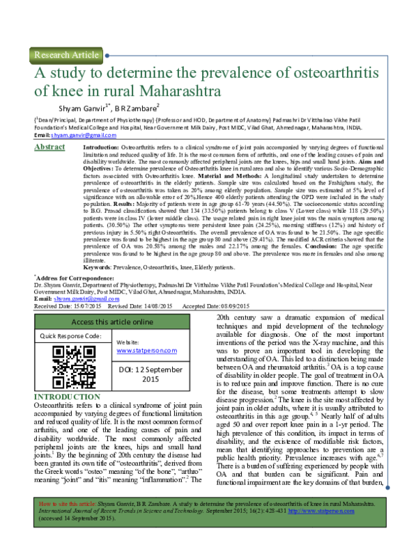 (PDF) A study to determine the prevalence of osteoarthritis of knee in ...