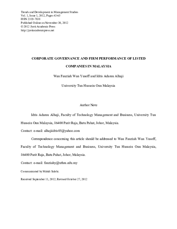 (PDF) Corporate Governance and Firm Performance of Listed Companies in ...