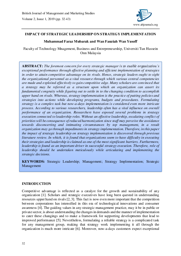 (PDF) Impact of Strategic Leadership on Strategy Implementation