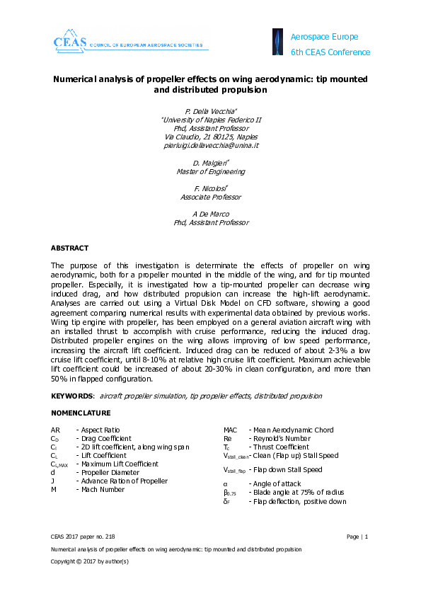 (PDF) Numerical analysis of propeller effects on wing aerodynamic: tip ...