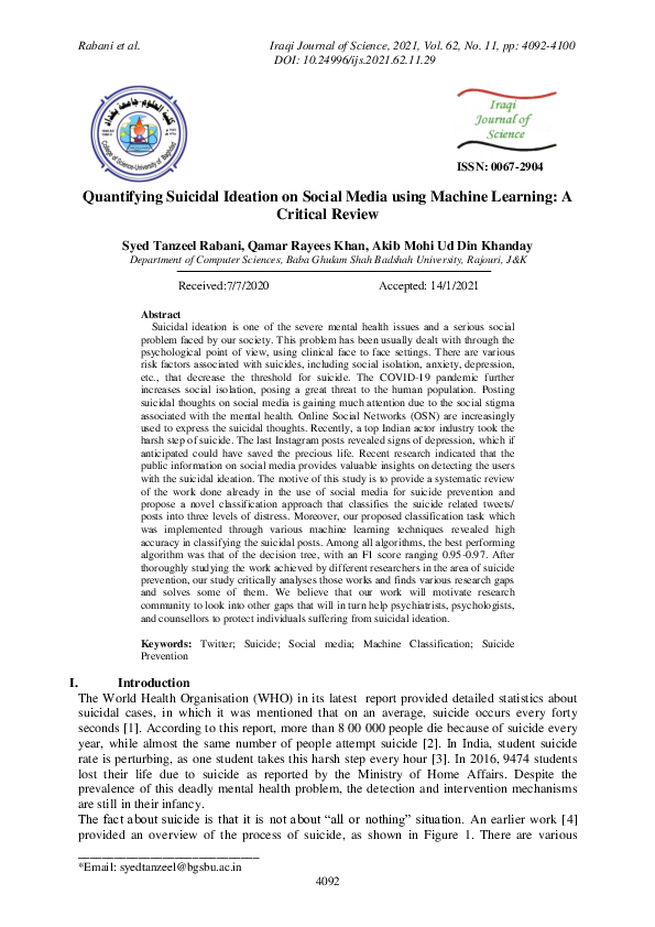(PDF) Quantifying Suicidal Ideation on Social Media using Machine ...