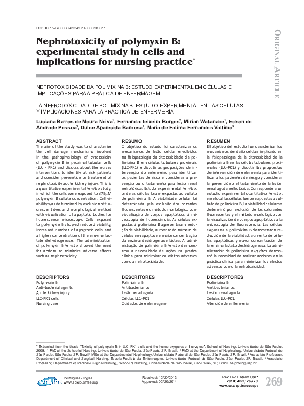 (PDF) Nephrotoxicity Of Polymyxin B: Experimental Study In Cells And ...