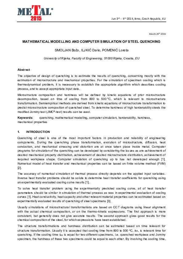 (PDF) Mathematical Modeling and Computer Simulation of Steel Quenching