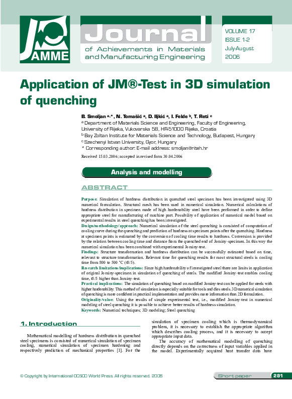 (PDF) Application of JM® -test in 3D Simulation of Quenching