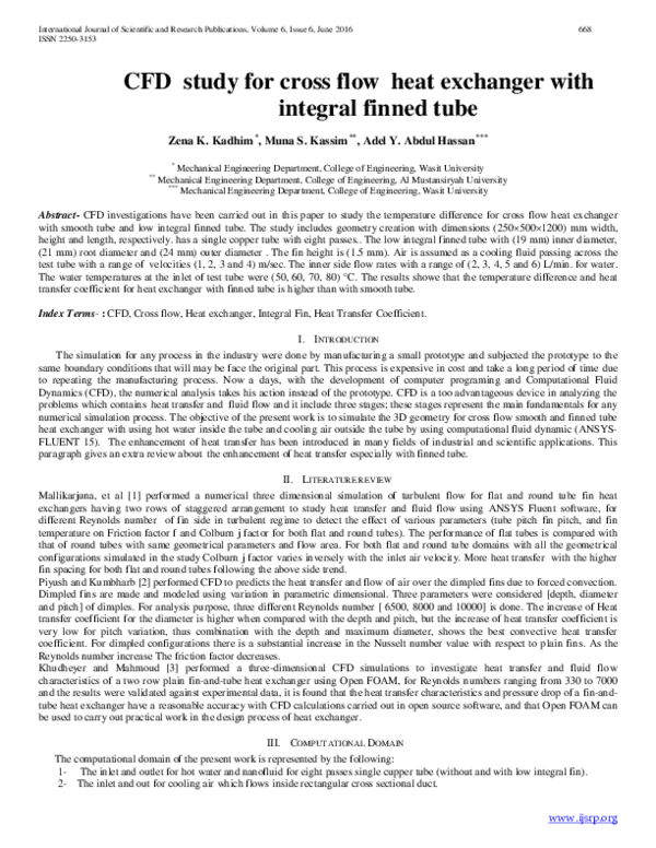 (PDF) CFD study for cross flow heat exchanger with integral finned tube