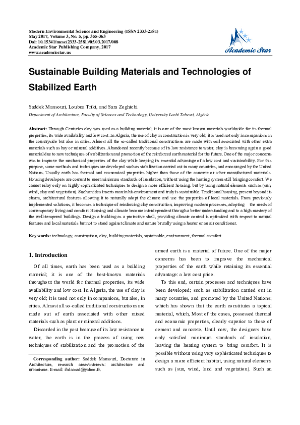 (PDF) Sustainable Building Materials and Technologies of Stabilized Earth