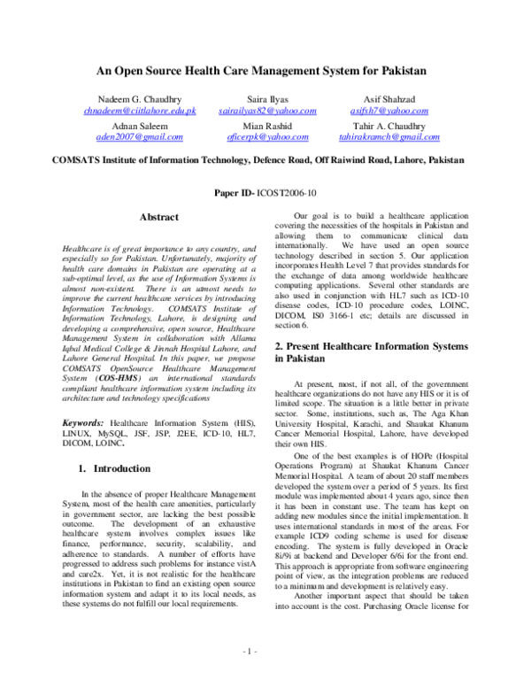 (PDF) An Open Source Health Care Management System for Pakistan