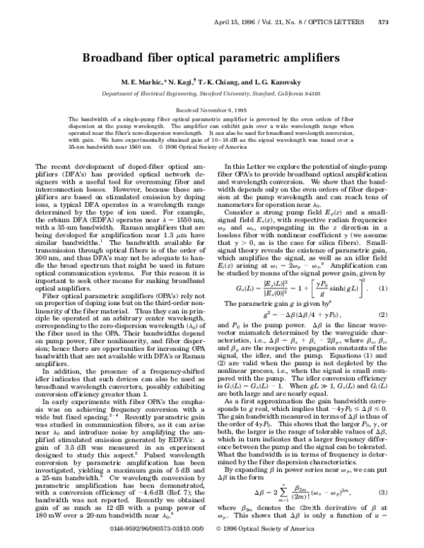 (PDF) Broadband fiber optical parametric amplifiers