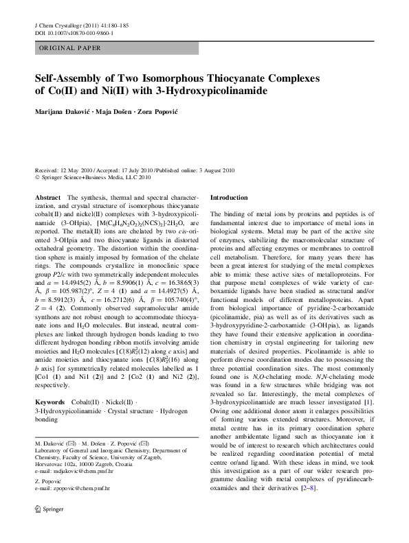 PDF) Self-Assembly of Two Isomorphous Thiocyanate Complexes