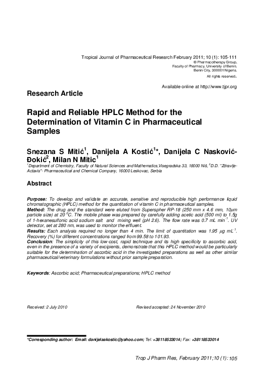 (PDF) Rapid and Reliable HPLC Method for the Determination of Vitamin C