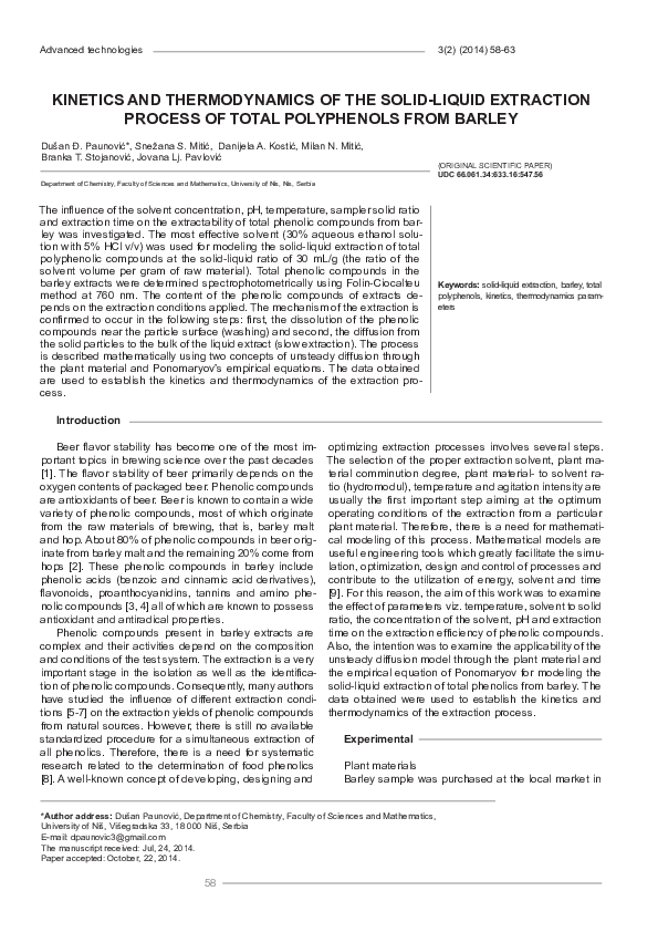 (PDF) and thermodynamics of the solidliquid extraction process of total polyphenols