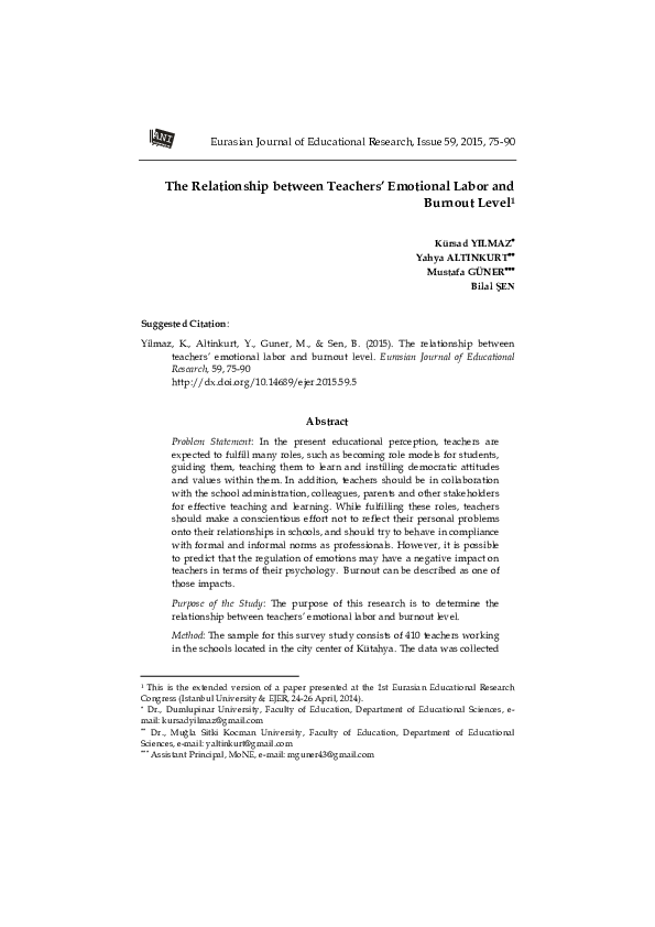 (PDF) The Relationship between Teachers’ Emotional Labor and Burnout Level1