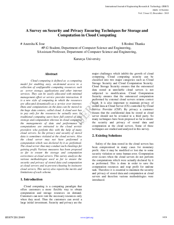 (PDF) A Survey on Security and Privacy Ensuring Techniques for Storage ...