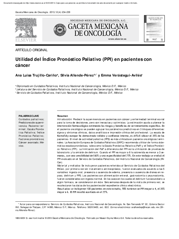 (PDF) Utilidad del Índice Pronóstico Paliativo (PPI) en pacientes con ...