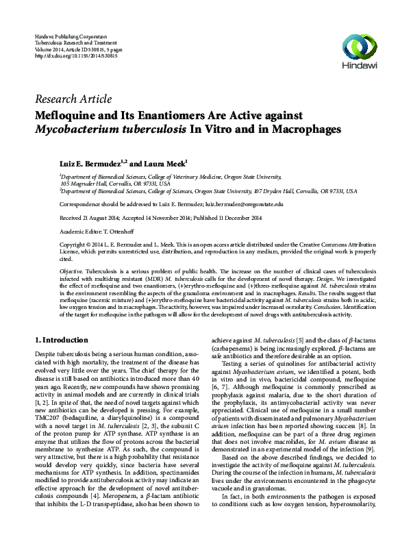 (PDF) Mefloquine and Its Enantiomers Are Active against Mycobacterium ...